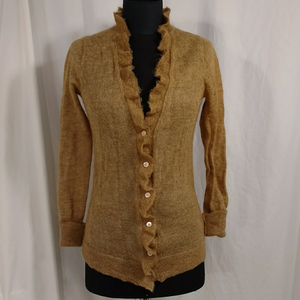 J Crew Lightweight Mohair Cardigan Sweater Ruffle Gold Mrk L Fit S/M See Measure
